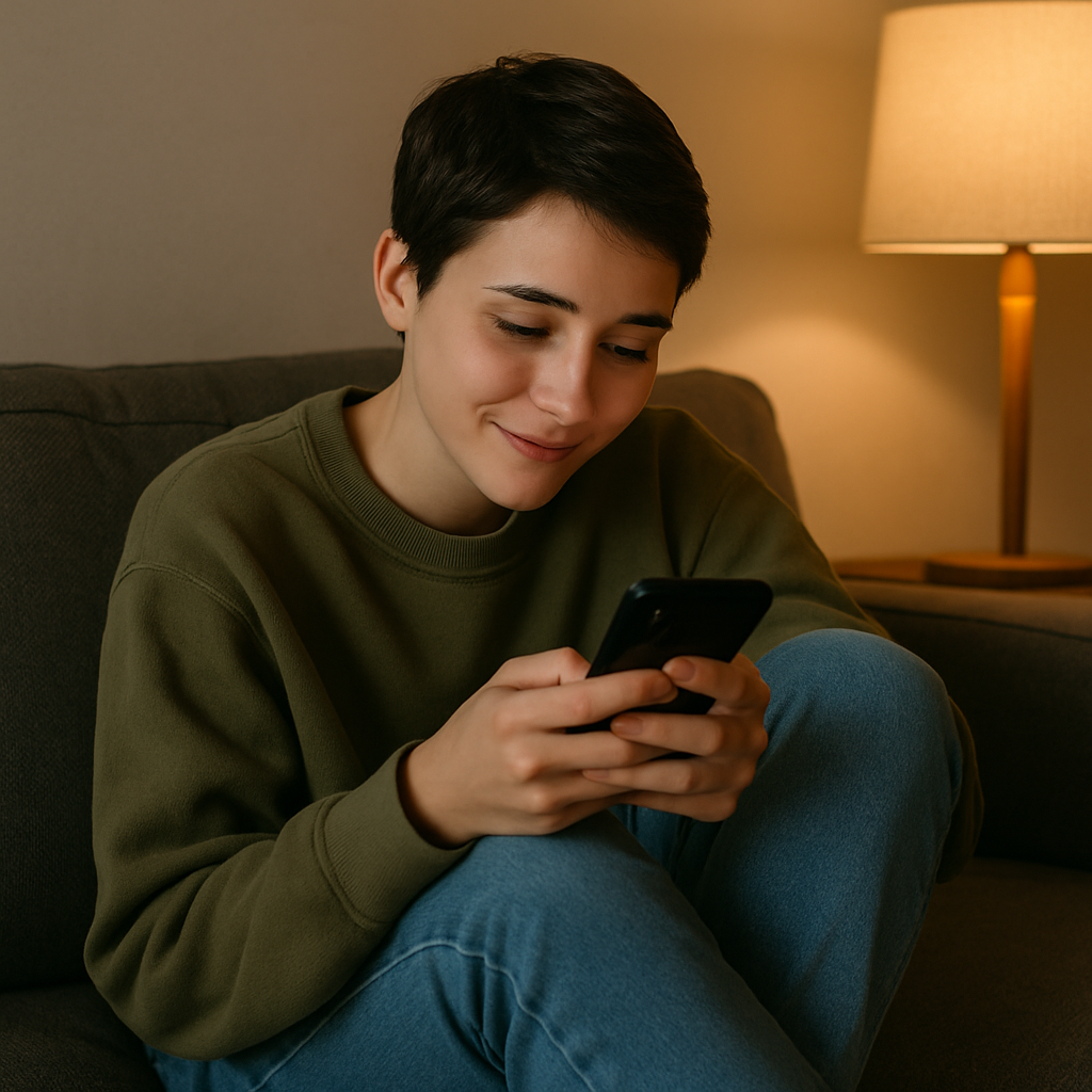 A person curled up on the couch with a phone in hand, eyes soft, finally feeling understood. Warm lighting. Quiet setting. No visible logos or text.