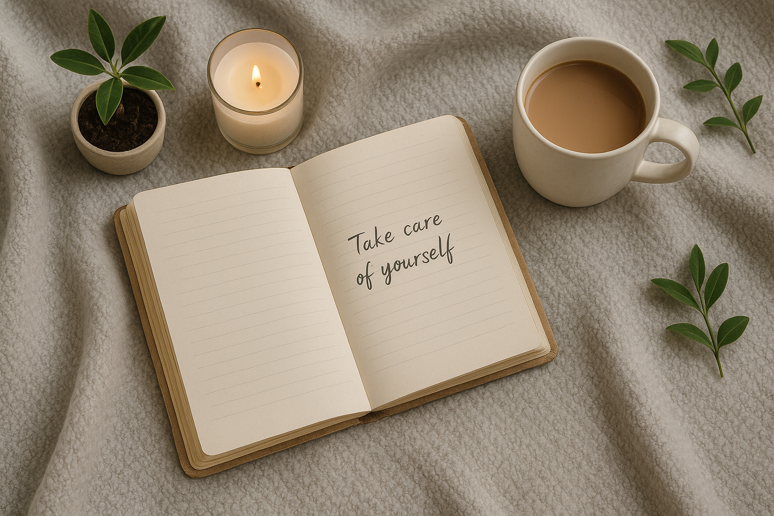 &nbsp;A cozy flat lay of a journal, a lit candle, and a warm drink on a blanket—symbolizing self-care and emotional work.