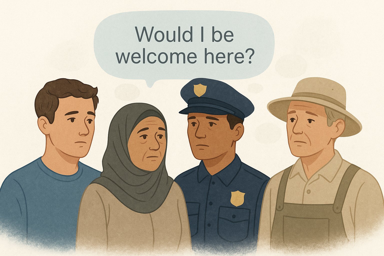 A soft collage-style illustration showing four diverse individuals (a young man, an older woman in a headscarf, a police officer, a middle-aged person in rural clothes), each with a faint question bubble: “Would I be welcome here?”