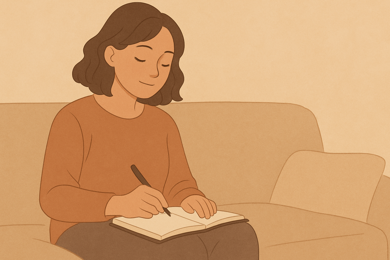 A calm, wide illustration of someone journaling or reflecting peacefully