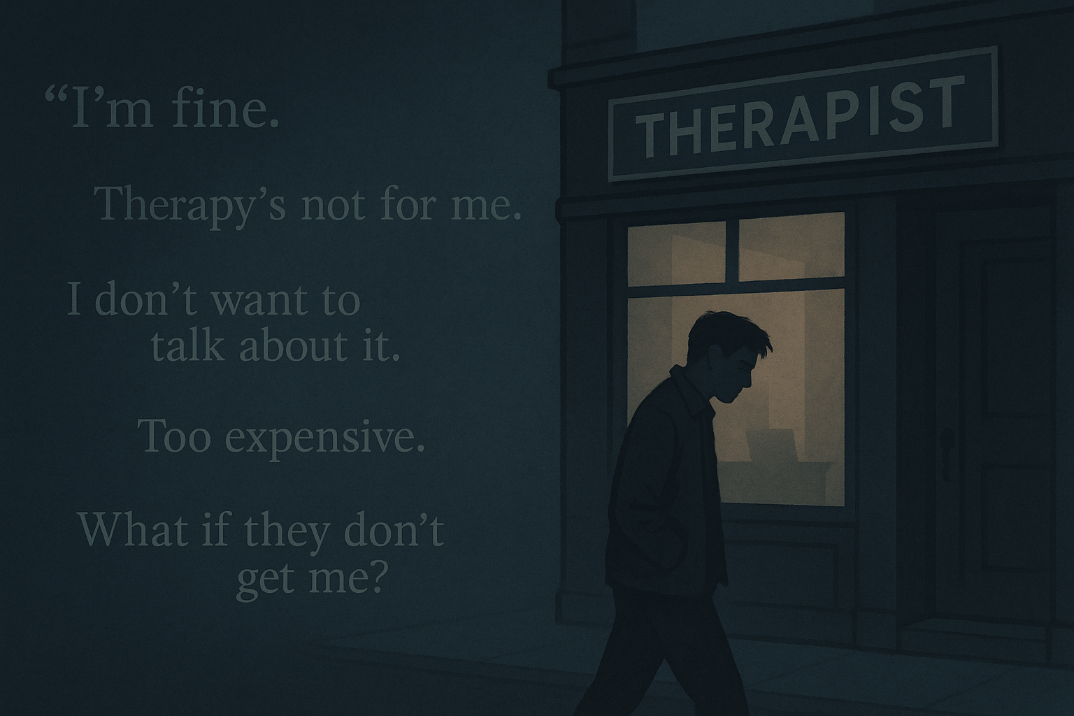A moody illustration of a person walking past a therapist’s office