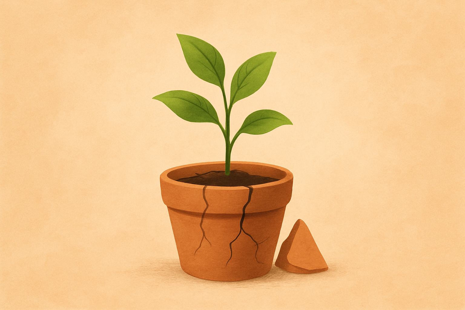 A symbolic illustration showing a plant growing from a cracked pot, representing healing, growth, and new life from old wounds.