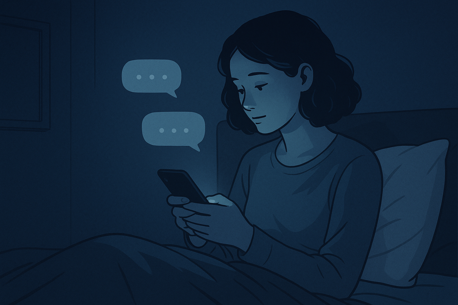 An illustration of a person sitting in bed at night, their face softly lit by their phone screen, with gentle floating chat bubbles around them conveying comfort, calm, and solitude.
