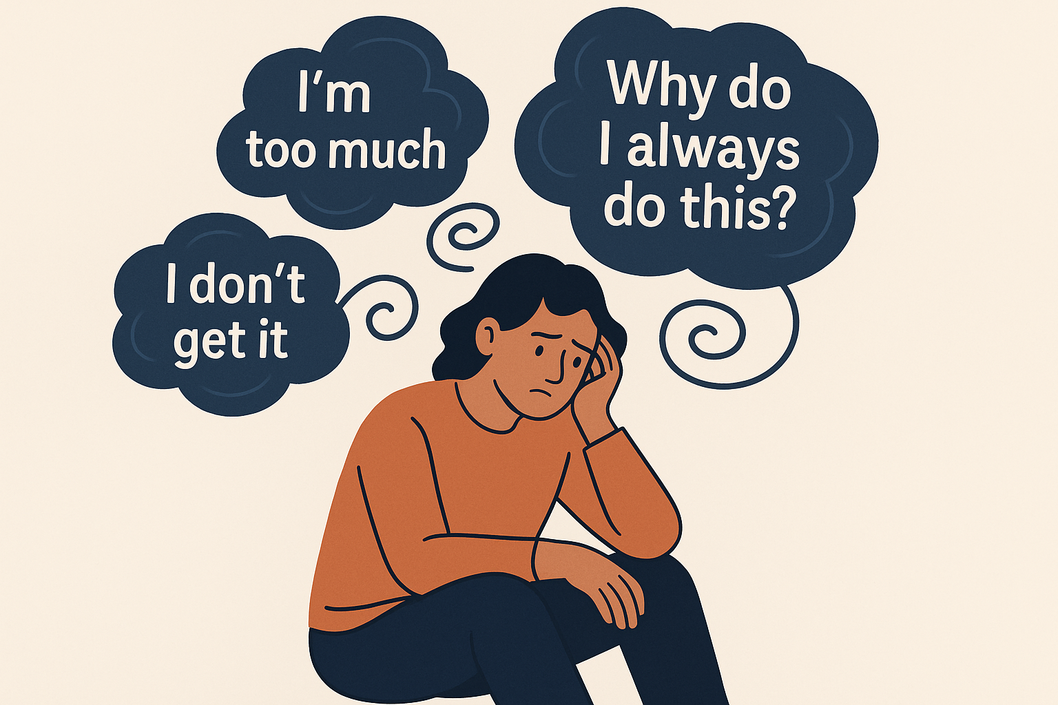 An illustration of a person sitting with swirling thought bubbles above them