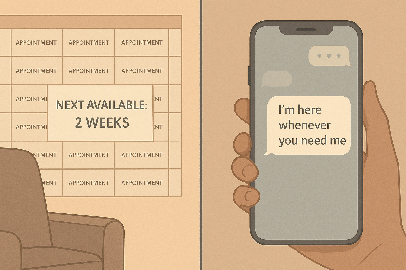 Left side shows a busy therapist’s calendar marked “Next Available: 2 weeks,” while the right shows a phone screen with “I’m here whenever you need me.” Soft lighting, calm tones.