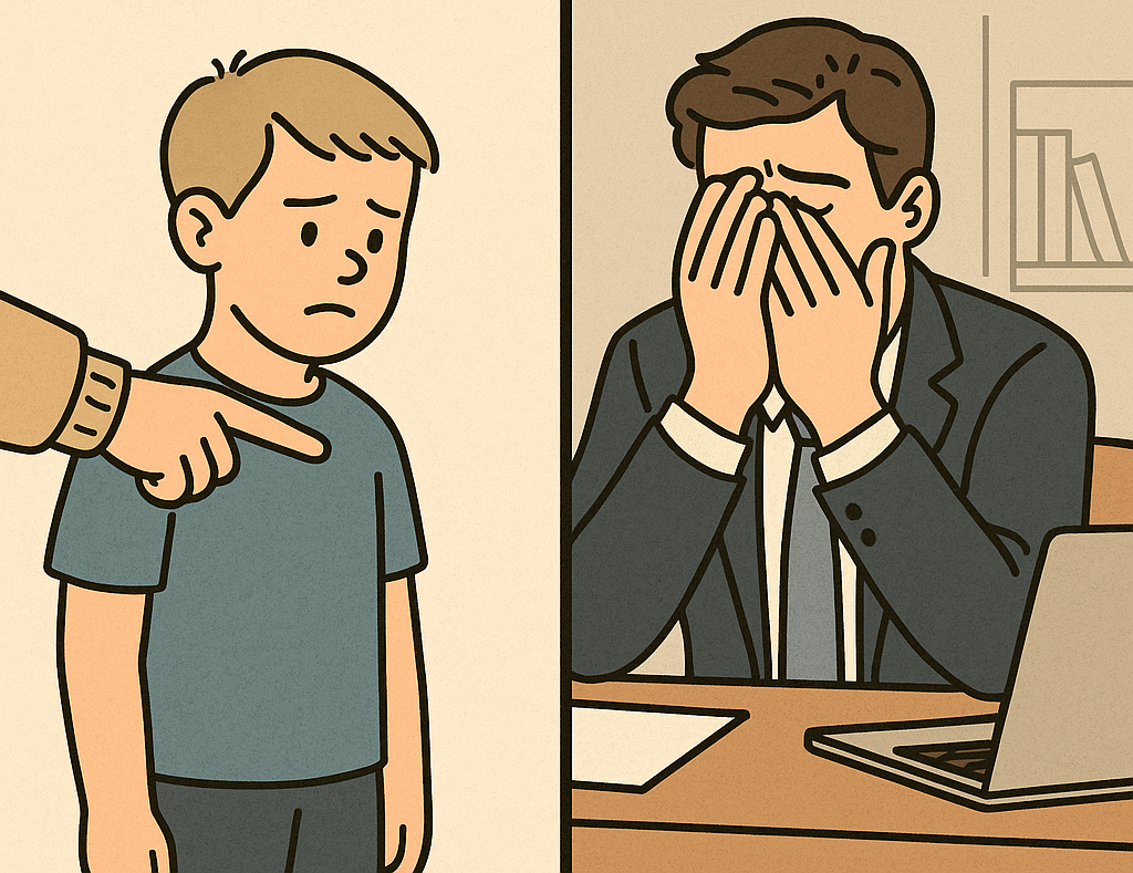 Split image showing childhood (being told to “be strong”) vs. adulthood (shutting down emotions at work)