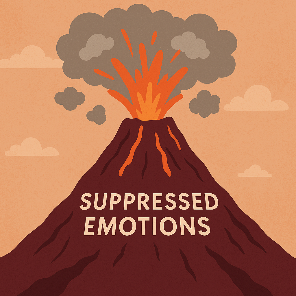 A visual of A volcano labeled “Suppressed Emotions” starting to erupt, symbolizing emotional outbursts.