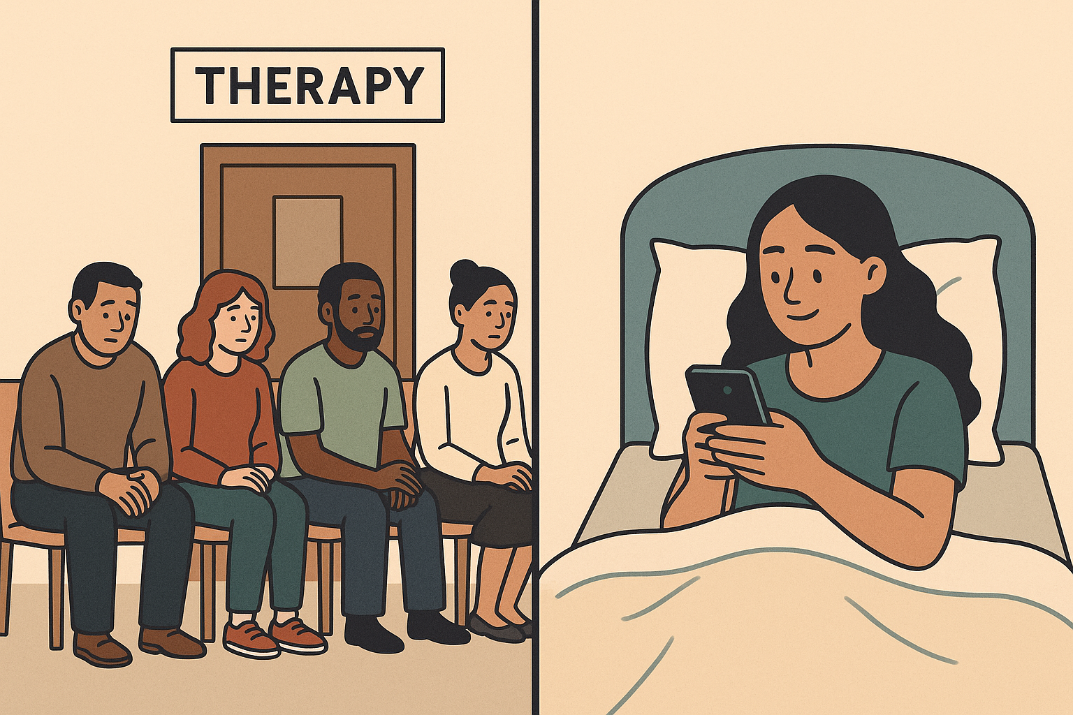 people waiting outside a therapy office in a waiting room  vs. someone chatting with an AI therapist on their phone in bed