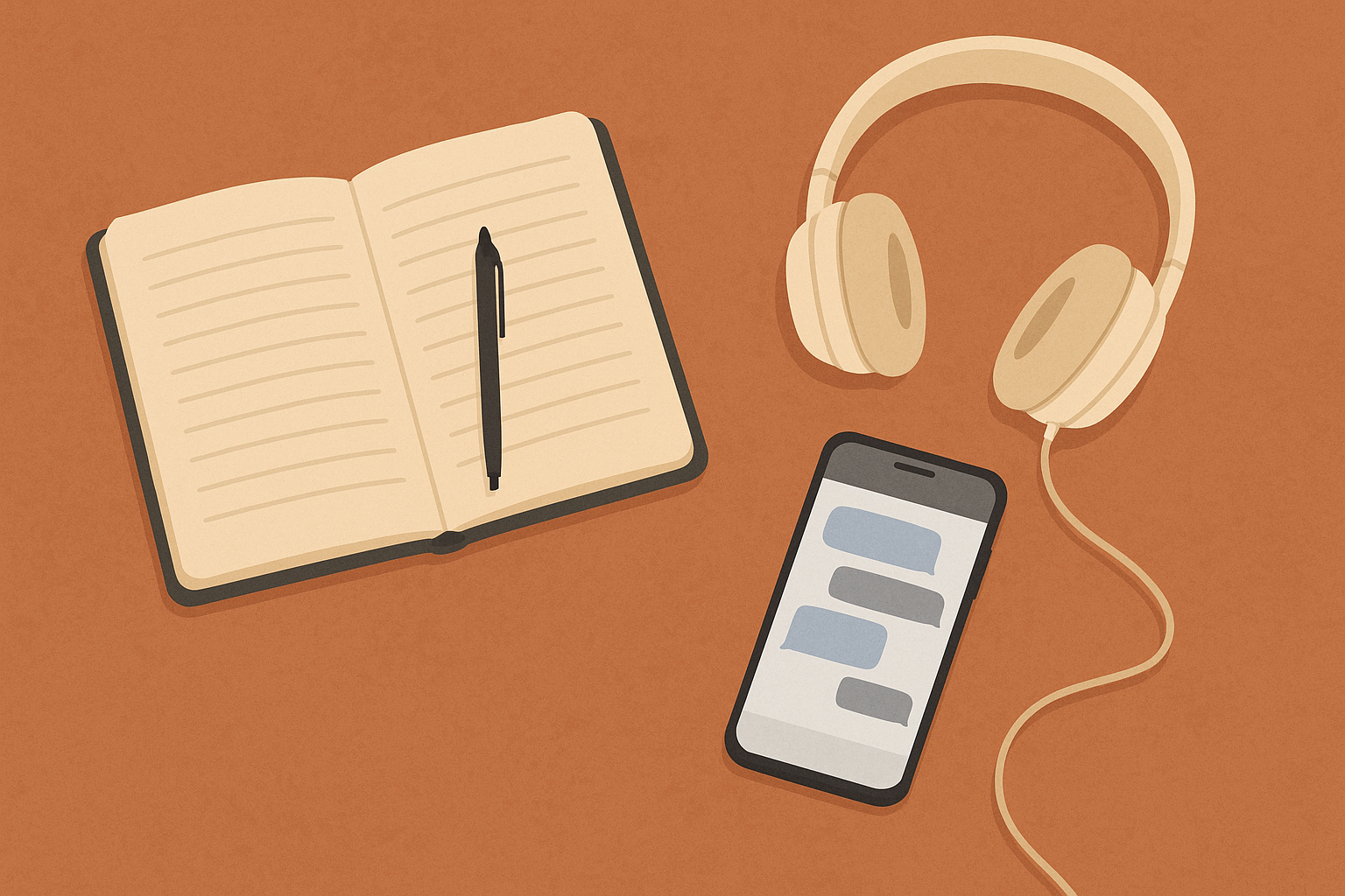 A calm flat lay showing a journal, headphones, and a phone with a chat open, tools for emotional expression