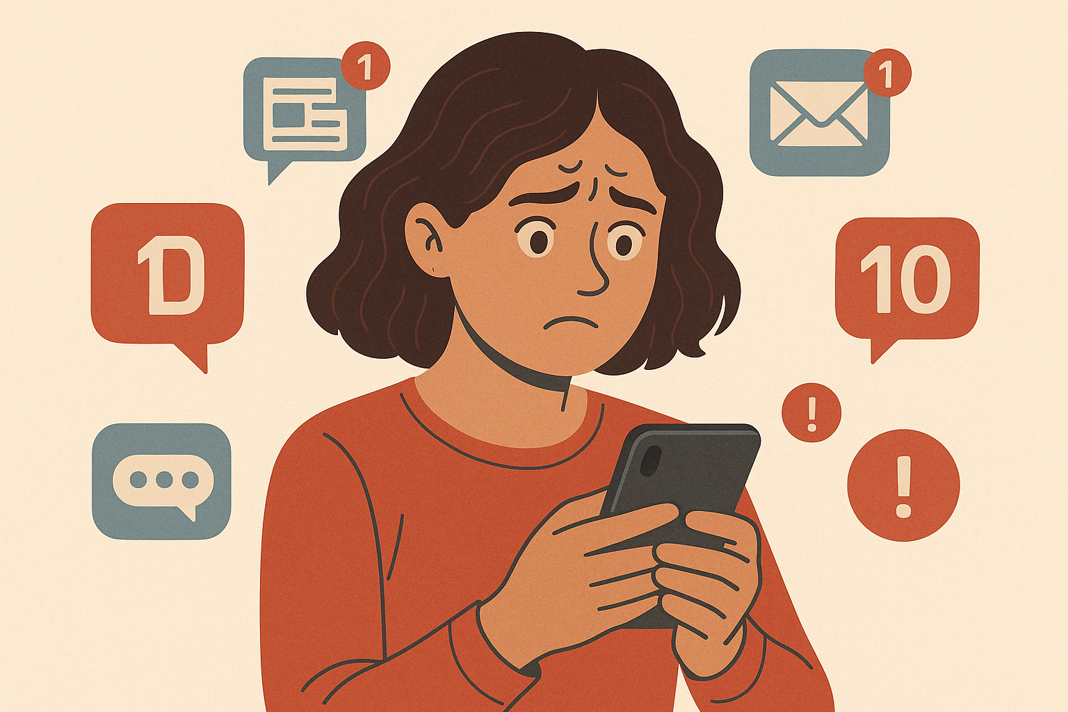 Illustration of a person looking stressed while surrounded by floating notification bubbles—email alerts, social media icons, and unread messages.