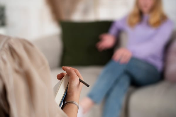 Therapist taking notes while listening to a client during a traditional talk therapy session.